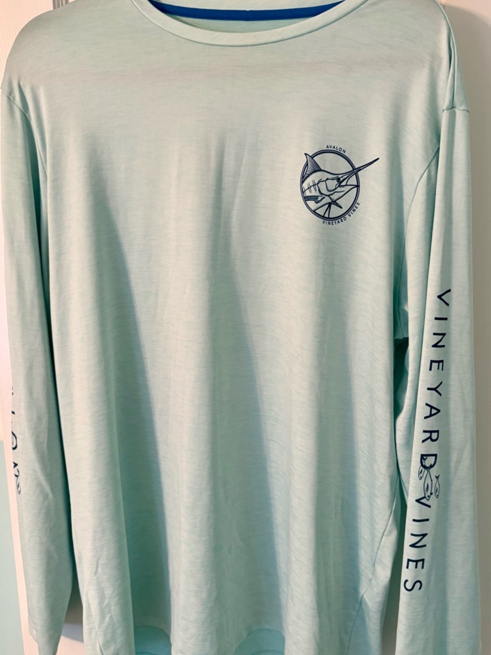 Vineyard Vines Light Mint Long-Sleeve Performance Tee with Navy Marlin Crest